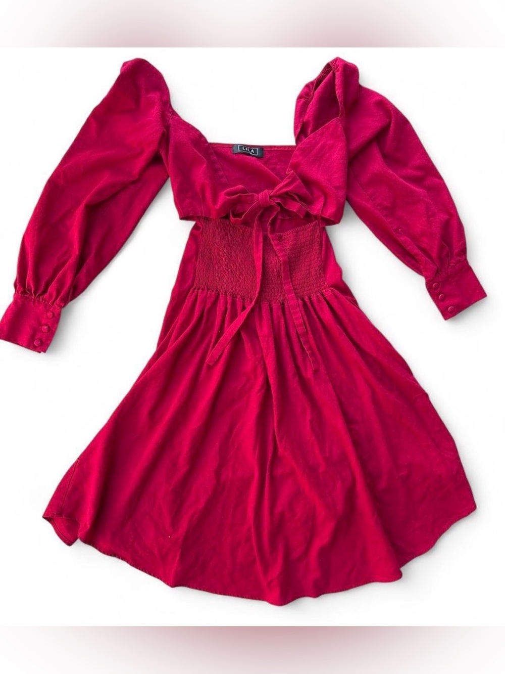 Tie-Front Red Midi Dress with Smocked Waist